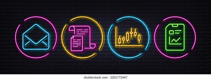 Documents, Candlestick graph and Mail minimal line icons. Neon laser 3d lights. Report document icons. For web, application, printing. Office file, Finance chart, E-mail. Statistics file. Vector
