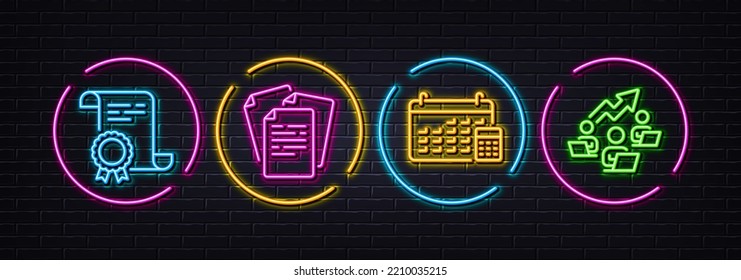 Documents, Certificate and Calendar minimal line icons. Neon laser 3d lights. Teamwork chart icons. For web, application, printing. Office file, Certified file, Calculator device. Networking. Vector