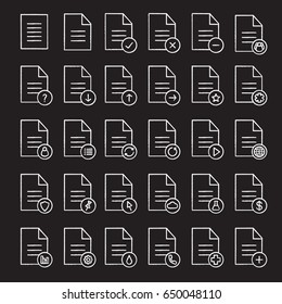 Documents chalk icons set. Statistics, medical insurance and test, contract, approved document. Send, pin, upload, download file. Isolated vector chalkboard illustrations