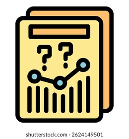 Documents with charts showing growing statistics with question marks, representing uncertainty in business analysis