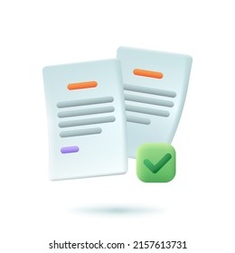 Documents with check mark sign 3d cartoon style icon. Confirmed or accepted statements, certificates, agreements or contracts flat vector illustration. Management, information concept