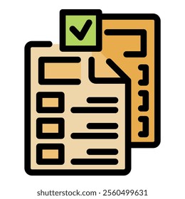 Documents with checkboxes and a check mark icon, symbolizing completion and verification of tasks or requirements