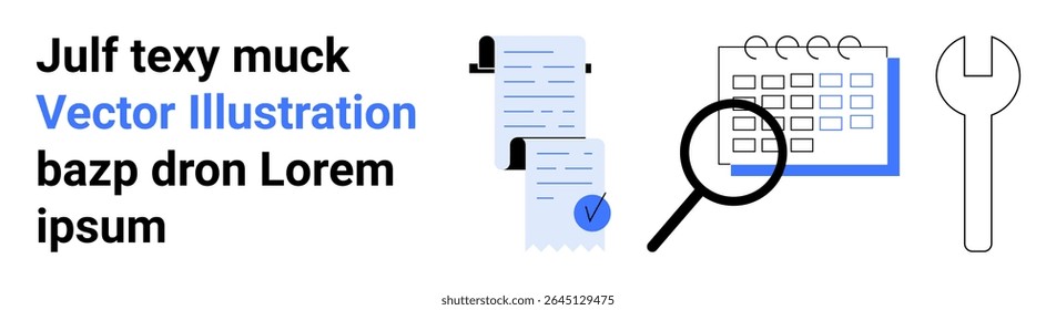 Documents with checklist and clip, calendar, magnifying glass, and wrench. Ideal for business organization, task management, planning, scheduling, inspection, maintenance, productivity tools Landing