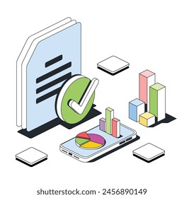 Documents, checkmark, charts on a mobile phone. Vector 3d line isometric, color web icons, new flat style. Creative design idea for infographics.