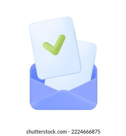 Documents with checkmarks in blue envelope 3D icon. Business e-mail or letter with information or tasks 3D vector illustration on white background. Communication, correspondence, business concept