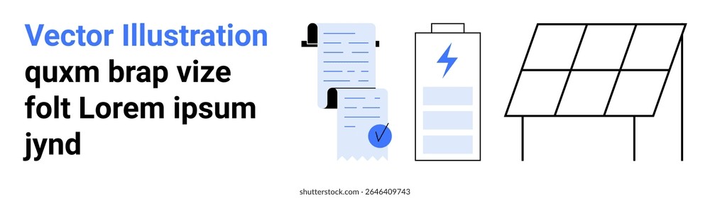 Documentos com marcas de seleção, bateria carregada e painel solar. Ideal para sustentabilidade, tecnologia verde, energia renovável, eco-friendly, eletricidade, energia solar e temas de energia alternativa