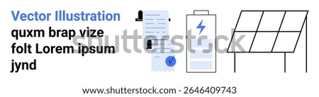 Documents with checkmarks, a charged battery, and a solar panel. Ideal for sustainability, green technology, renewable energy, eco-friendly, electricity, solar power, and alternative energy themes