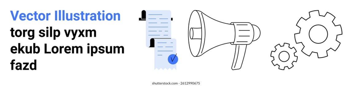 Documents with checkmarks, megaphone, and two gears. Ideal for business, marketing, project management, announcements, workflow optimization, technical processes, and productivity Landing page