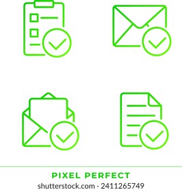Documents with checkmarks pixel perfect gradient linear vector icons set. Approvement of business papers. Thin line contour symbol designs bundle. Isolated outline illustrations collection