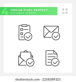 Documents with checkmarks pixel perfect linear icons set. Approvement of business papers. Correct information. Customizable thin line symbols. Isolated vector outline illustrations. Editable stroke