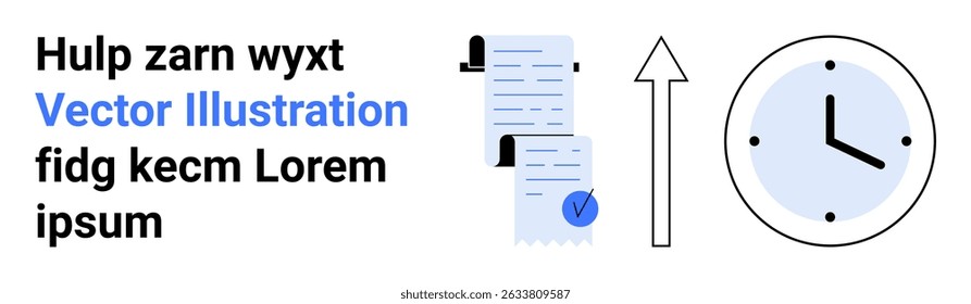 Documents with checkmarks, upward arrow, and clock symbolize organization, efficiency. Ideal for project management, productivity, business planning, time tracking, task management, workflows
