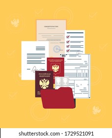 Documents of a citizen of Russian Federation: passport, foreign passport, pre-tax declaration, various applications, photo. Translation from Russian: Russian Federation, Passport, certificate