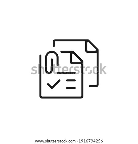Documents and clip icon. Page with check mark and paper clip. Vector line icon