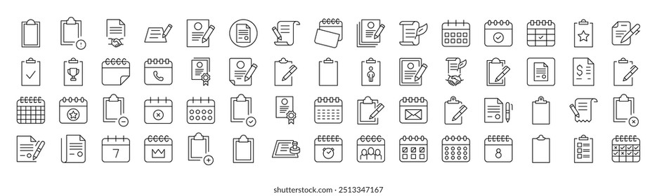 Documents, Clipboard, Calendar Related Line Icon Collection. Editable Stroke. Perfect for Infographics, Articles, Books, Flyers, Banners