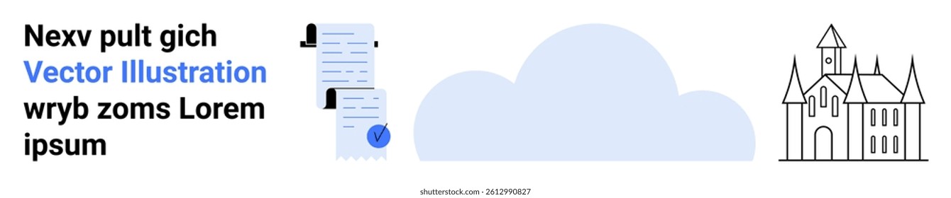 Documents, cloud, and castle outline. Ideal for cloud storage, data management, digital security, information technology, online services, secure storage solutions, remote access. Landing page
