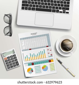 Documents, coffee and laptop on the desk. Paper work on budget planning. Stock vector illustration. Workplace of a businessman.
