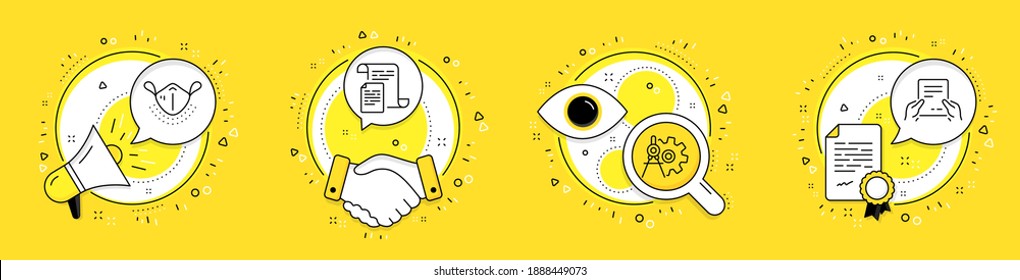 Documents, Cogwheel dividers and Medical mask line icons set. Megaphone, licence and deal vector icons. Receive file sign. Office file, Settings, Respirator. Hold document. Science set. Vector