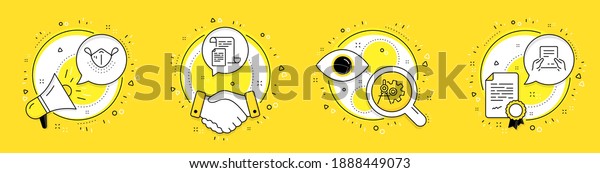 Documents, Cogwheel dividers and Medical mask line\
icons set. Megaphone, licence and deal vector icons. Receive file\
sign. Office file, Settings, Respirator. Hold document. Science\
set. Vector