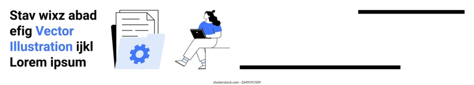 Documents, cogwheel, woman with laptop, blue accent colors. Ideal for data analysis, tech solutions, reports, information management, productivity tools, workflow optimization. Landing page