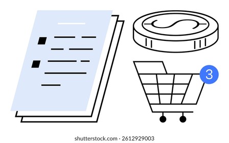 Documents, coin, and shopping cart with notification icon. Ideal for finance, online shopping, business management, notifications, economic reports, e-commerce, and budgeting concepts. Line metaphor