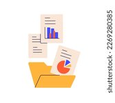 Documents from computer folder, business archive. Files, work papers, financial reports, accounting data, finance statistics information concept. Flat vector illustration isolated on white background
