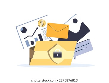 Documents from computer Protected Folder,Data Security,Protection Concept.Business Archive.Files,work papers,financial reports,accounting data, finance statistics information.Flat vector illustration