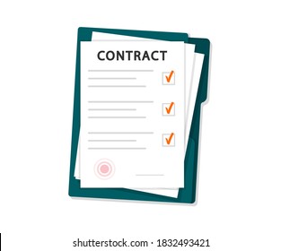 Documents. Contract and agreement with stamp. Vector flat design.