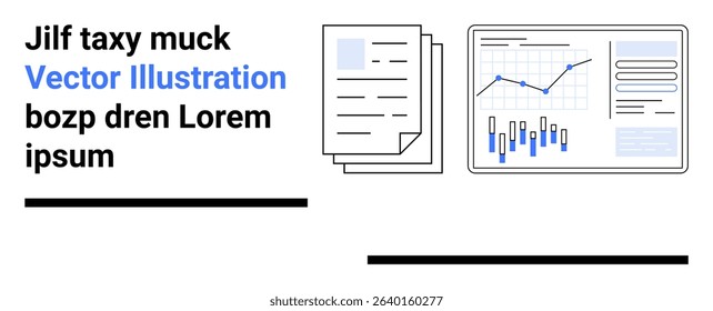 Documents and a data dashboard with graphs. Ideal for business analysis, financial reports, data visualization, organizational charts, project management, presentation templates. Landing page