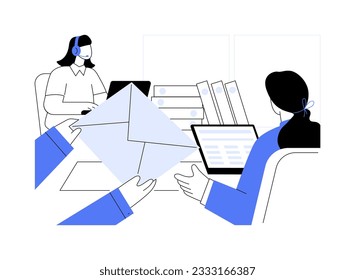 Ilustración del vector de concepto abstracto de entrega de documentos. La secretaria sonriente recibe documentos del mensajero, obteniendo un sobre, negocios corporativos, metáfora abstracta de la vida en la oficina.