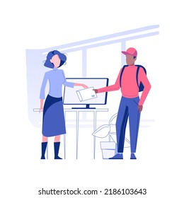 Documents delivery isolated concept vector illustration. Smiling secretary receives documents from the courier, getting an envelope, corporate business, office life vector concept.