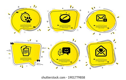 Documents, Dog competition and Medical tablet icons simple set. Yellow speech bubbles with dotwork effect. Secure mail, Happy emotion and Love letter signs. Vector