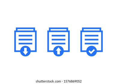 documents download, upload icons on white, vector