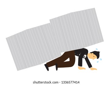 Documents falling on top of businessman. Concept of overwork, office culture or corporate sabotage. Isolated vector illustration.