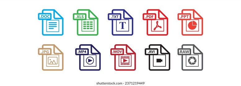 Documents File Format Icon Colored, File type icon set. Popular files format and document in flat style design. Format and extension of documents. Set of graphic templates audio, video, image,