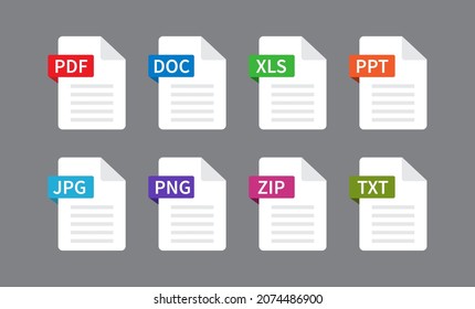 Documents File Format icon. File type isolated on gray background. PDF, DOC, XLS, PPT, JPG. PNG, ZIP, TXT. Vector illustration