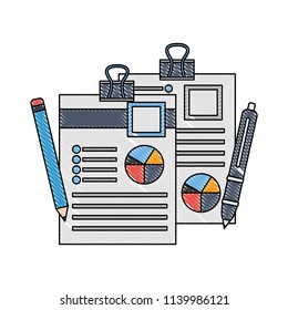 documents file with statistics pie graphic and pencils