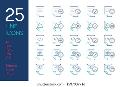 Documents and files color linear icons set. Data storage blue and yellow thin line pictograms