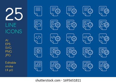 Documents and files color linear icons set. Data storage blue and yellow thin line pictograms