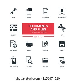 Documents and files - flat design style icons set. High quality black solid pictograms. Download, archive, edit, delete, cut, save, print, browser, update attachment folder search cloud
