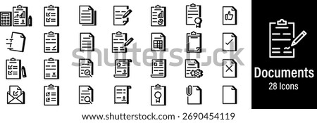 Documents and files line icons set. Contract, report, paper, and business form vector symbols in modern outline style