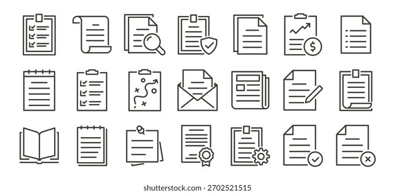Documents, files, paperwork, checklist and reports icons. Thin line editable stroke vector icon illustrations