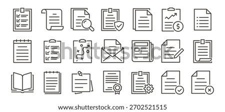 Documents, files, paperwork, checklist and reports icons. Thin line editable stroke vector icon illustrations