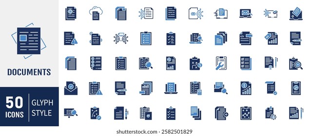 Documents flat icons set. Containing File, page, form, report, search, list and more. Vector illustration