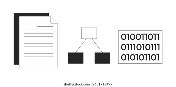 Documents, flowchart and binary code 2D line objects set. Paperwork, programming, hierarchy chart. Computer data isolated cliparts vector ink outline items. Monochrome spot illustrations collection