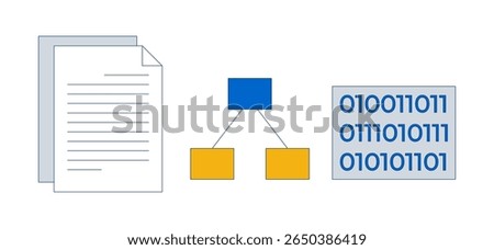 Documents, flowchart and binary code 2D cartoon objects set. Paperwork, programming, hierarchy chart. Computer data isolated elements flat vector clip arts on white. Spot illustrations collection