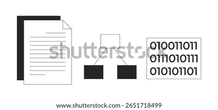 Documents, flowchart and binary code 2D line objects set. Paperwork, programming, hierarchy chart. Computer data isolated cliparts vector ink outline items. Monochrome spot illustrations collection