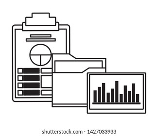 documents folder files with data chart paper on a table and stadistics graphic icon cartoon in black and white vector illustration graphic design