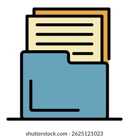 Documents in a folder icon. Outline documents in a folder vector icon color flat isolated