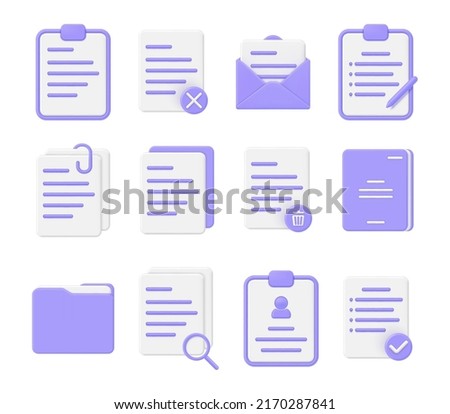 Documents folder information paper sheet application 3d icon set realistic vector illustration. Stack of paperwork pages approved rejected incoming letter message trash searching to do list clipboard