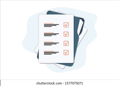 Documents folder with paper sheets. Flat illustration of folder with checklist icon for web. Contract papers. Document. Folder with stamp and text. Contract signing